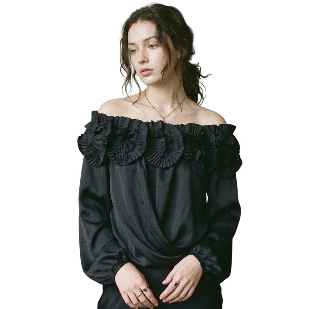 Black Silk Blend Ruffle Blouse Off Shoulder Romantic‎ Victorian Goth Witchy Sz M